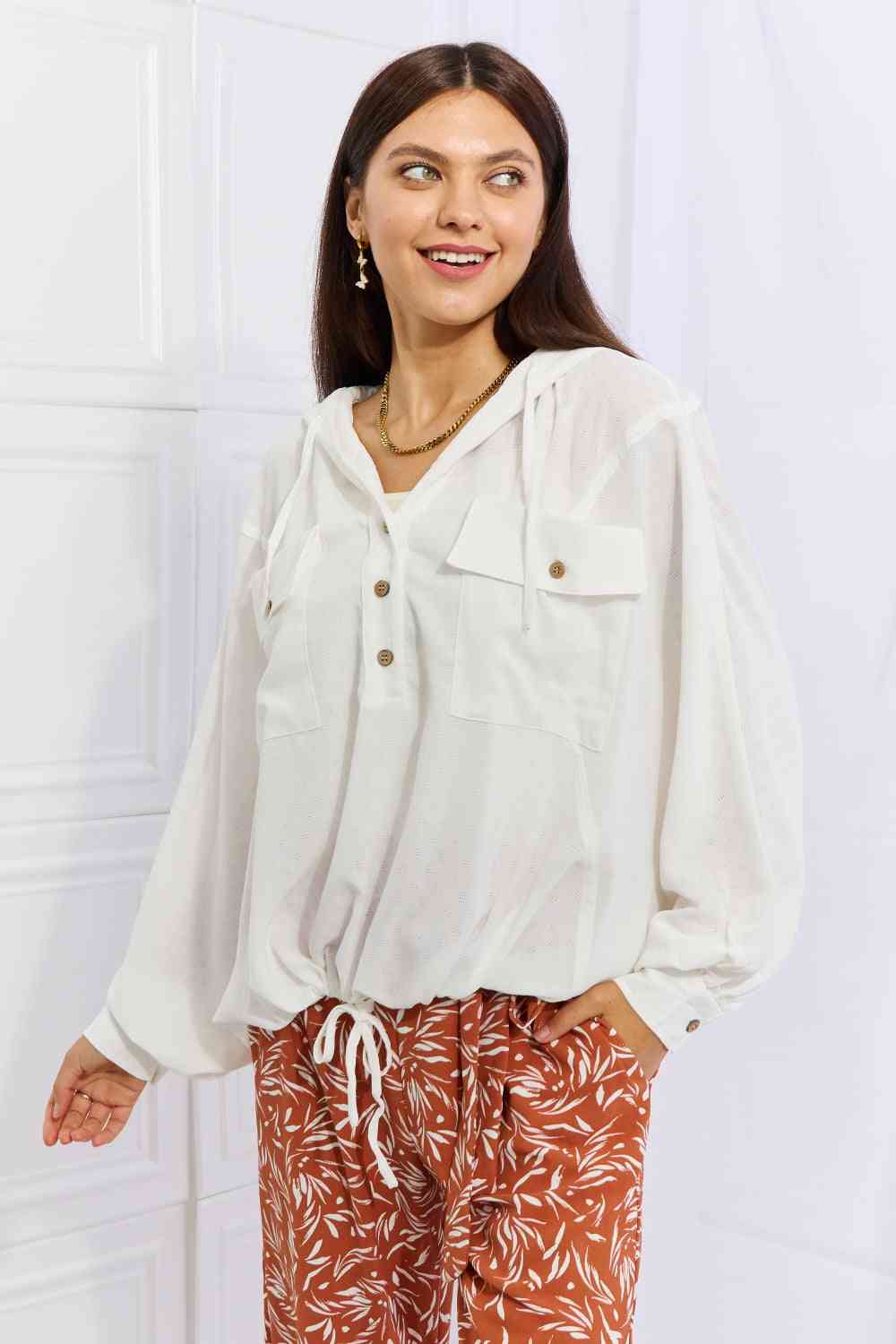 Womens White Sporty Lightweight Textured Hoodie Long Sleeve Top