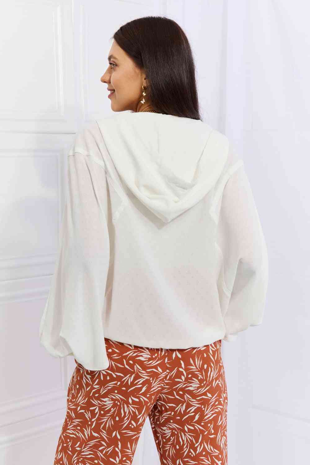 Womens White Sporty Lightweight Textured Hoodie Long Sleeve Top