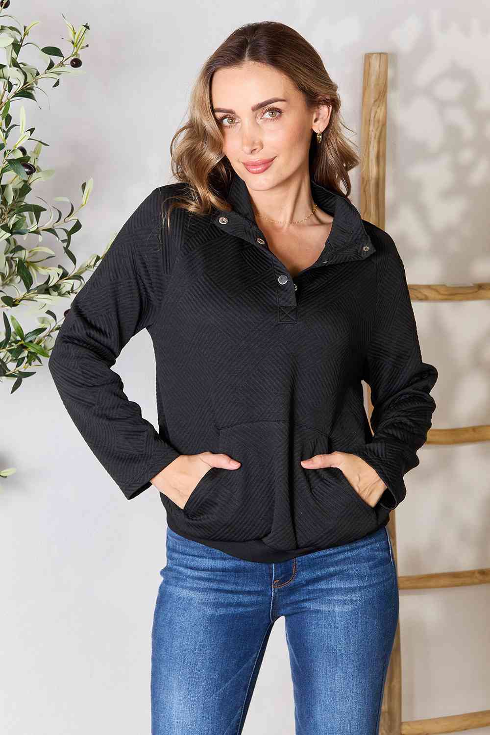 Womens Black Half Buttoned Collared Neck Sweatshirt with Pocket