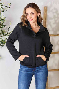 Womens Black Half Buttoned Collared Neck Sweatshirt with Pocket