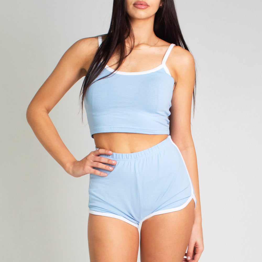 Runner Island Light Blue Retro Dolphin Shorts and Crop Top Outfit Set