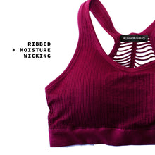 Load image into Gallery viewer, Red Wine Ribbed Sports Bra