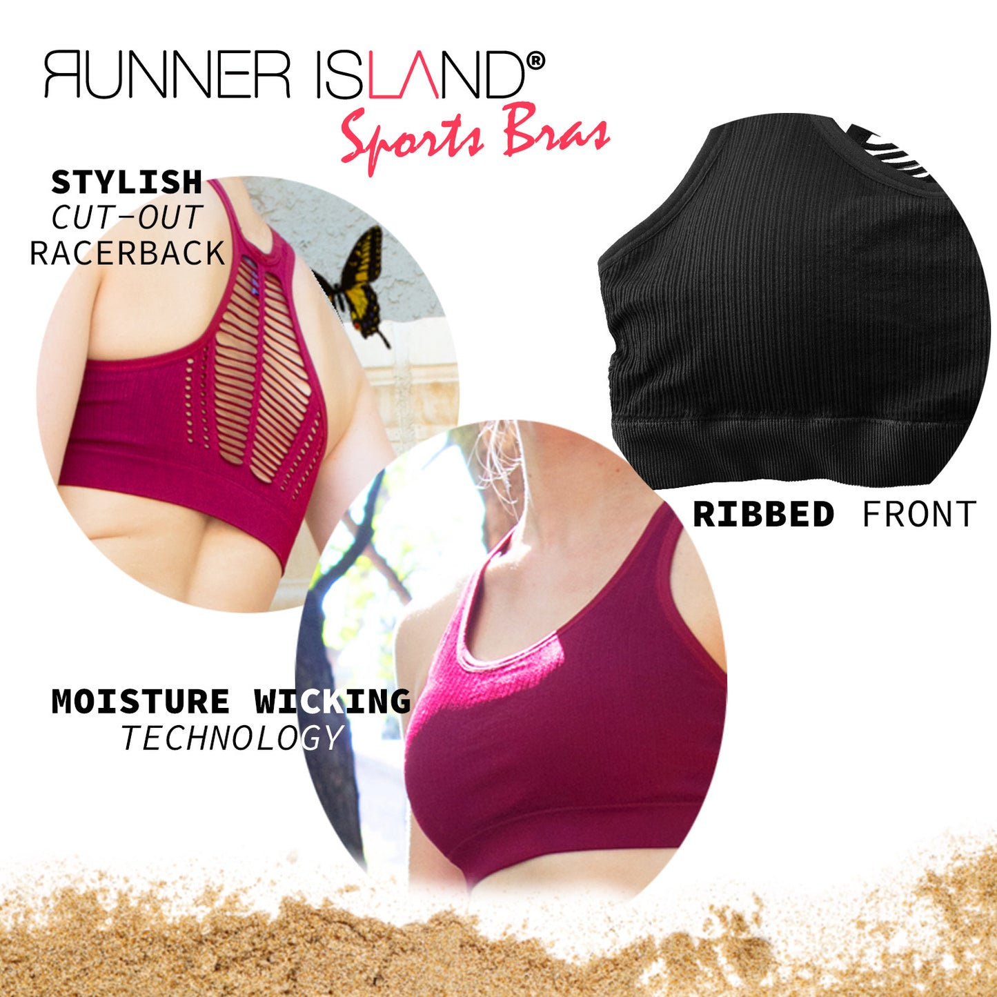 Runner Island Women's Black Sports Bra Ribbed Cutout Back